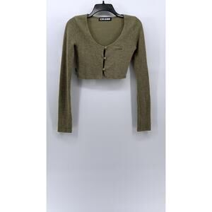 CRANK Women's Green Knit Scoop-Neck Button-Up Long Sleeve Cropped Top SZ XS